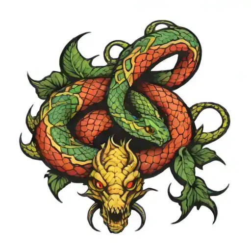 Snake Wrapped Around Dragon Fine Line