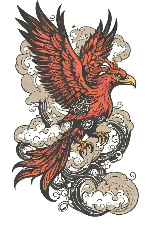 Gothic Red Comorant Phoenix Hybrid Bird Flying Though Clouds Floating