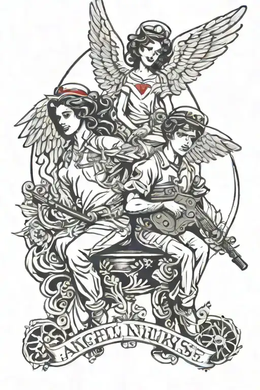 Angel And Nurse Tattoo For Men Posing Like A Metalcore Singer