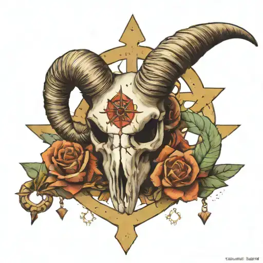 A Ram Skull With Crossed Ancient Keys Below It And A Wind Rose In The Background