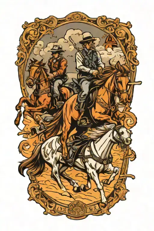 Train Robbery Scene Featuring Bandits Riding Horses