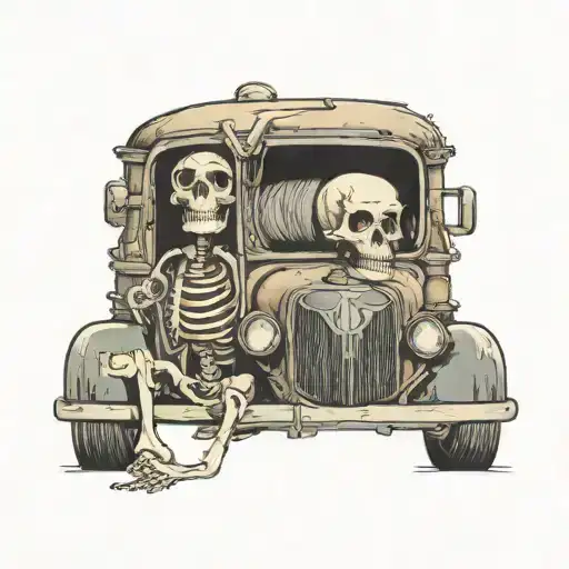 Skeleton In An Old Truck Along A Curvy Road
