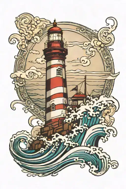 Lighthouse With Small Powerboat In The Water Waves