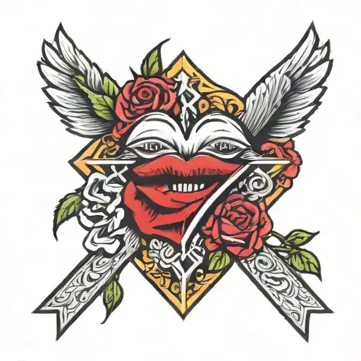 A Kiss Lip Mark And Two Roses Surrounding It To Make A Heart With A Jesus Cross