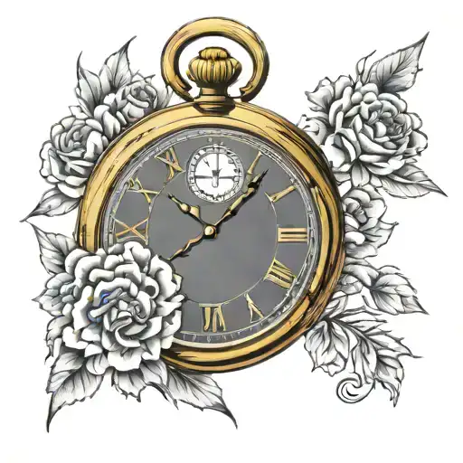 Pocket Watch Tattoo With Carnations In Grey Wash And Gold With Roman Numeral Date