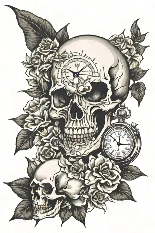Skull And Clock And Flowers And Pressure Gauge And Stars And Atrology