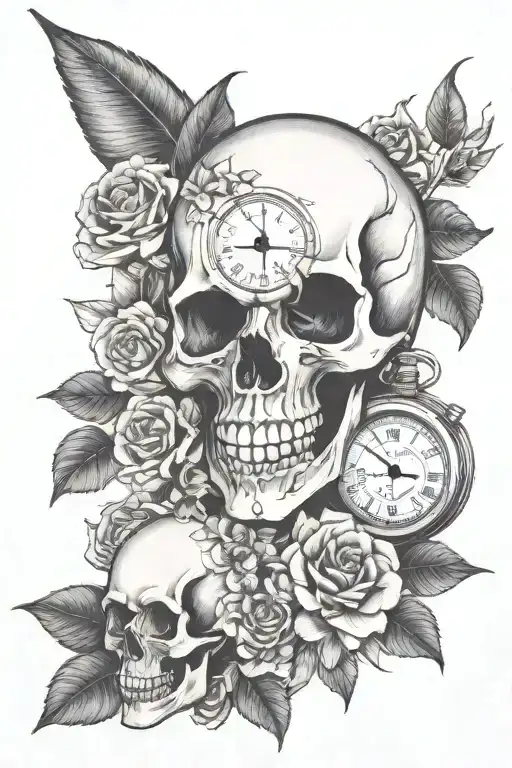 Skull And Clock And Flowers And Pressure Gauge And Stars And Atrology