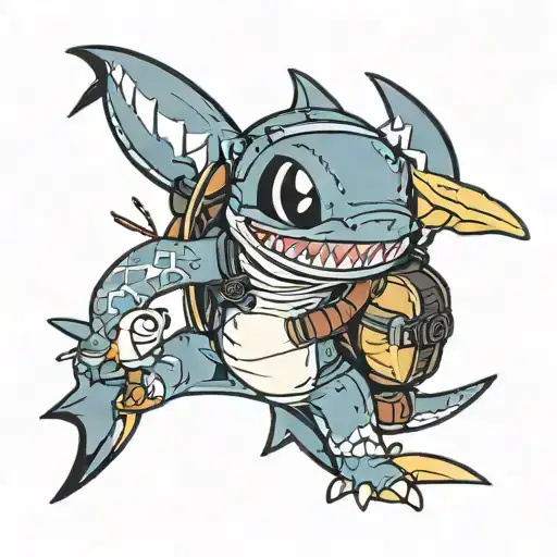 Stitch In A Shark Costume With A Duck In A Backpack