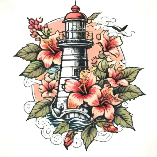 Lighthouse And Hibiscus Flowers