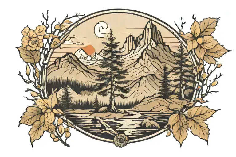 Birch Tree With Mountain Peak Surrounded