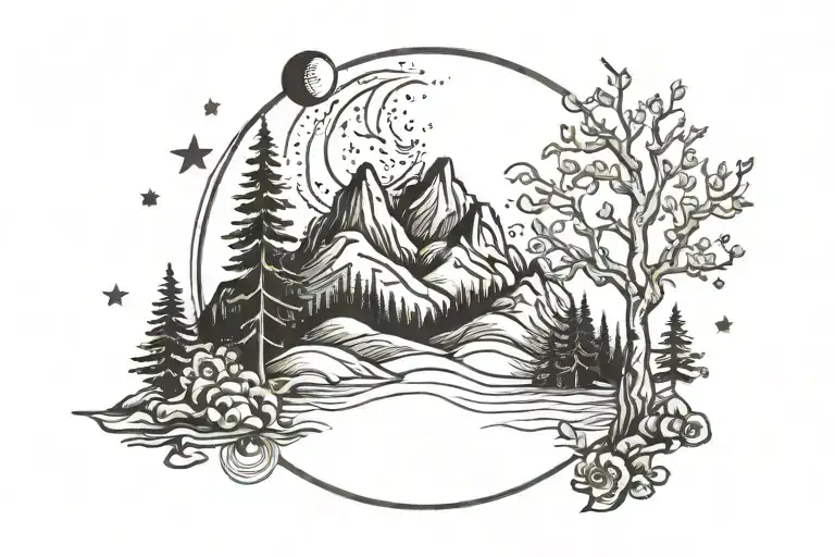 Birch Tree With Mountain Peak Surrounded By Moon And Stars