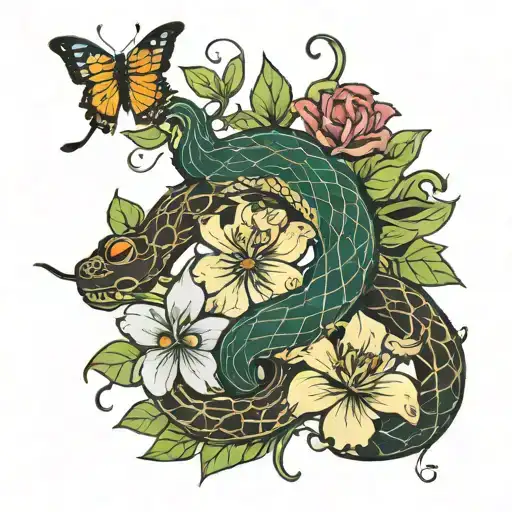 Snake And Flowers And Butterflies And Vines