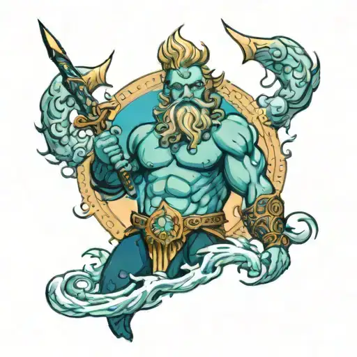 Neptune Stands In The Water With A Trident