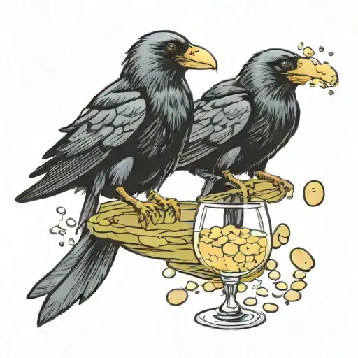 Crow Dropping Pebbles Into Champagne Glass So They Can Drink Out Of It