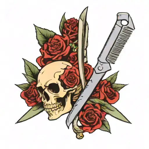 Hairdressing Scissors With Blood And A Skull With Blood And Dark Background Behind