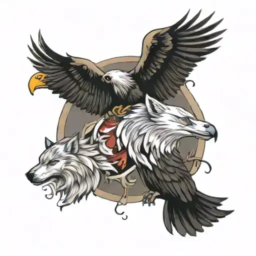 2 Wolves And Eagle Soaring