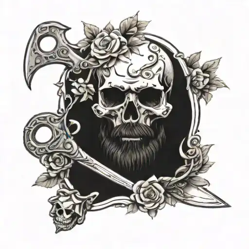 Reflection Of A Bearded Skull Through A Pair Of Bloodied Shears Against A Background Of Wild Roses