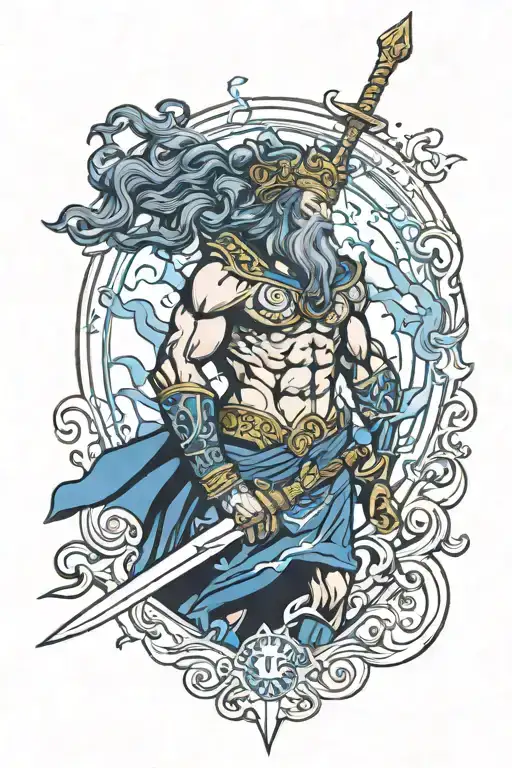 Greek Mythology With Zodiac Signs With A Sword And Blue Lightning With The Head Of Zeus
