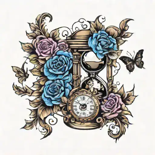 Sand Hour Glass With Flowers And Pocket Watch