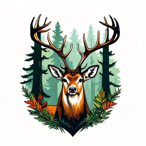 Stag In The Forest With Tall Trees Looking Through Camera Lens