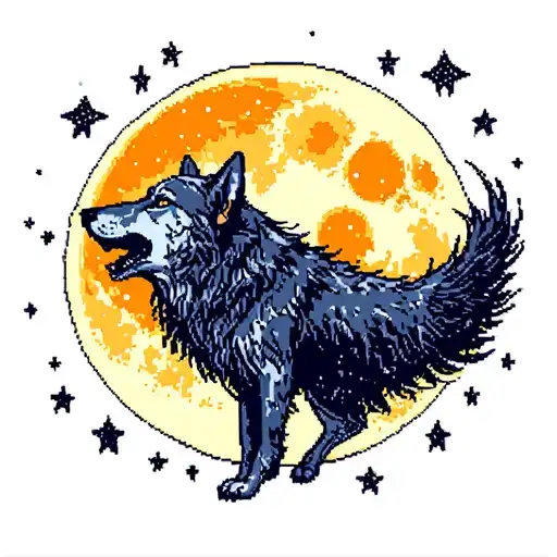 Crossstitch Wolf Howling At The Moon Surrounded By Stars