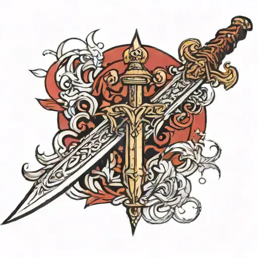 Create A Worn Sword-themed Tattoo Idea In Red And Black Colors