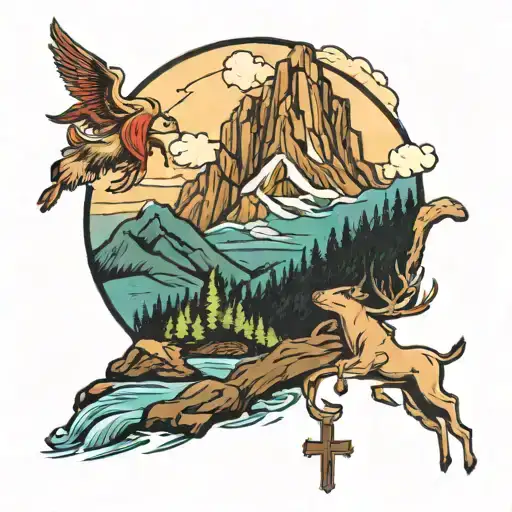 Mountains With A Jesus Cross Above And A River Flowing With Deer And Bears