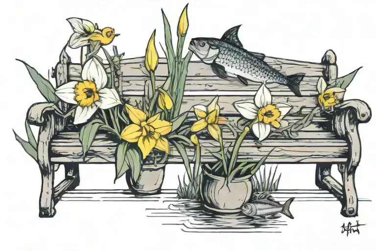 Daffodils Next To Bench Infront Of River With Fish