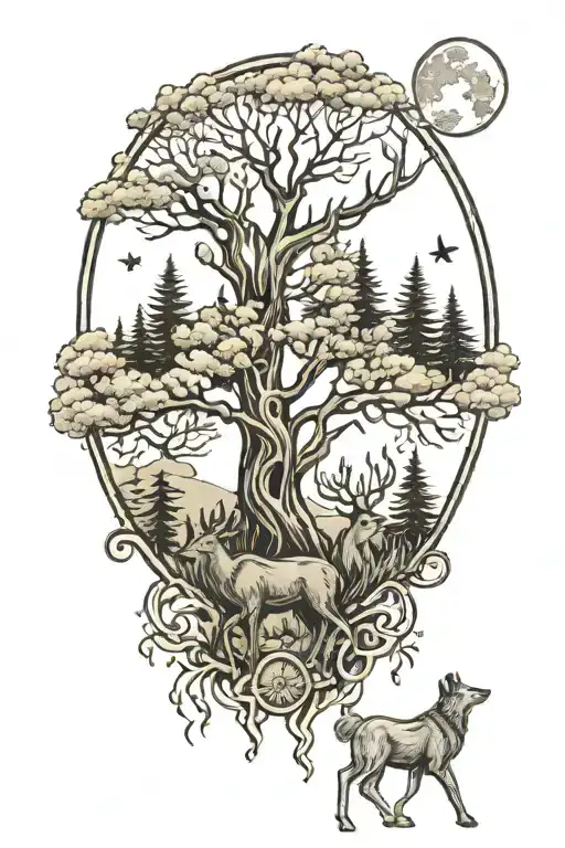 Trees With Deer And Wolf And Moon Surrounded