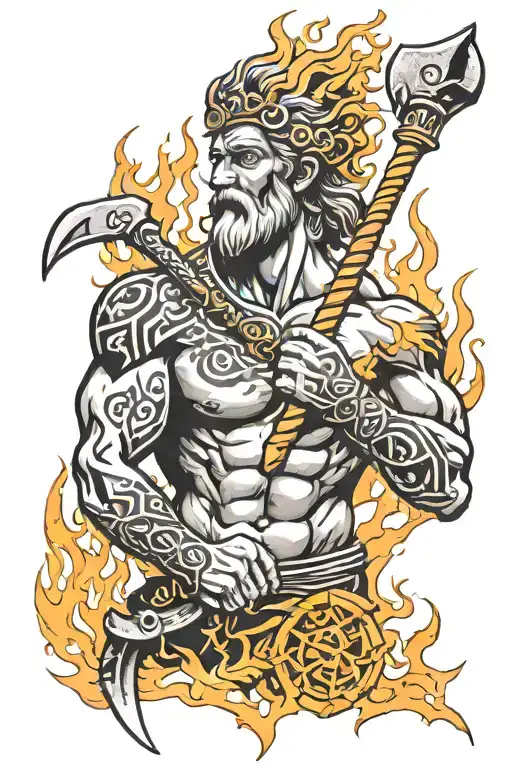 Greek God Of Fire Flames Holding A Hammer Ingraved With Runes And Fire