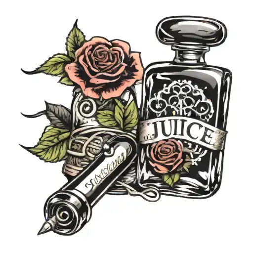 Jen&juice Bottle With Words On Bottle A Couple Of Roses A Set Of Black Dice And Glasses