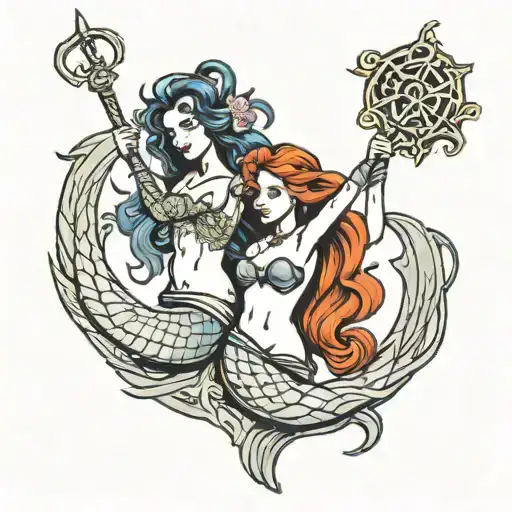 2 Mermaids With Trident Symbol
