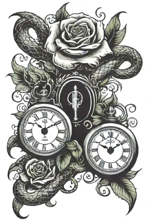 Roses Lilies Two Clocks Snake Intertwined