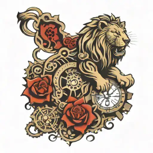 Roaring Lion With Pocket Watch Surrounded By Gears