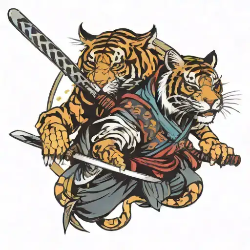 Samurai With Katana And Tiger