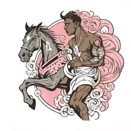 Muscular Black Boy And Pink Horse