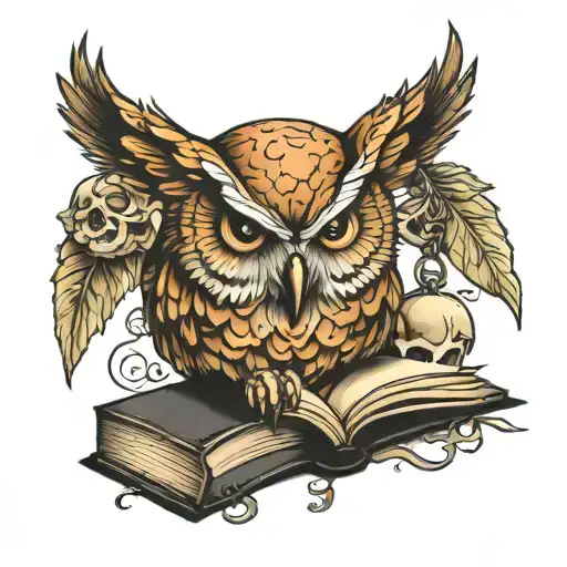 Owl Perched On Skull And Books