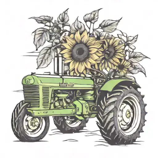 John Deer Tractor With Carninal And Sunflower Blooming