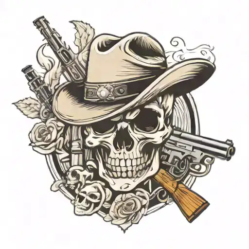 Crossed Pistols With A Skull In A Cowboy Hat With A Cigarette In His Mouth