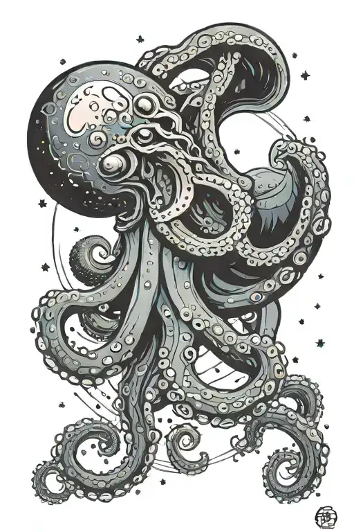 Giant Octopus In Outer Space With Planets