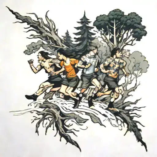 Four People Running From Forest