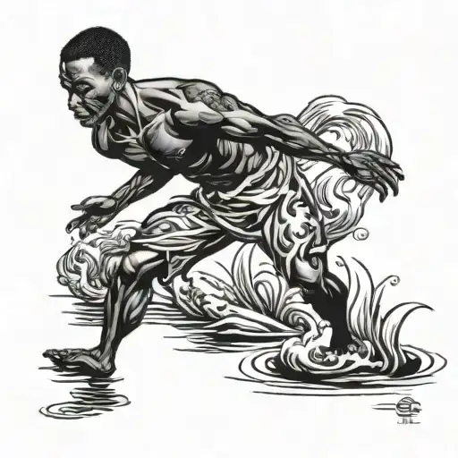 Muscular Black Boy Walking Over Lake Water