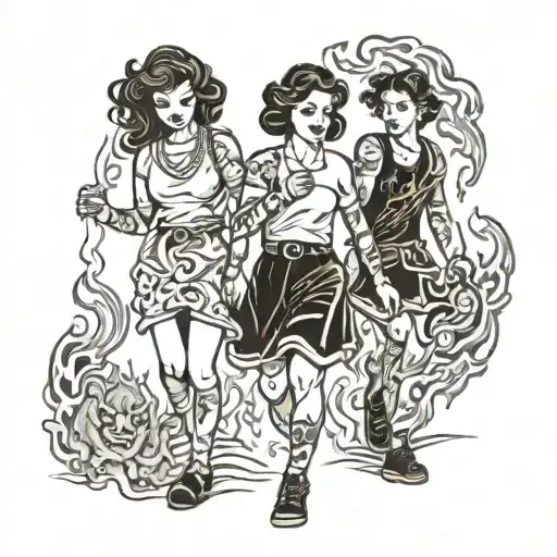 Four People Walking Through Fire