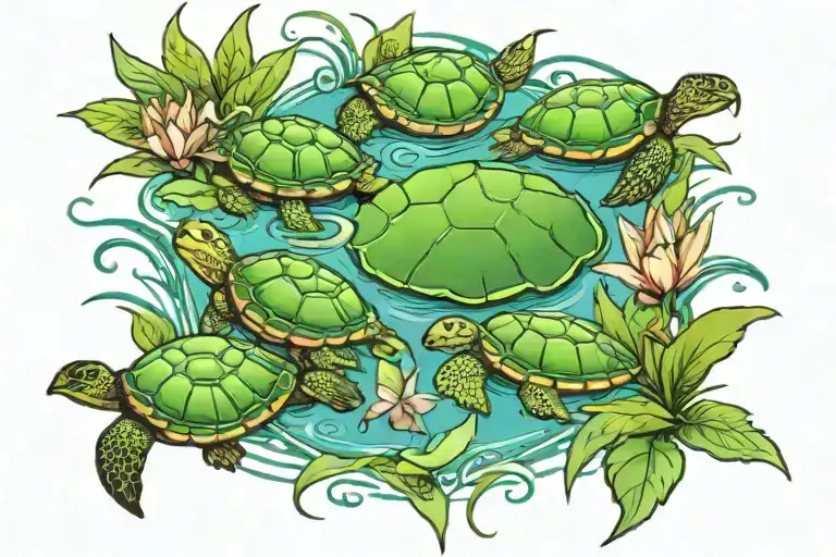 Turtles Floating In Water W Cattails Around And Lily Pads Or Lake Plants