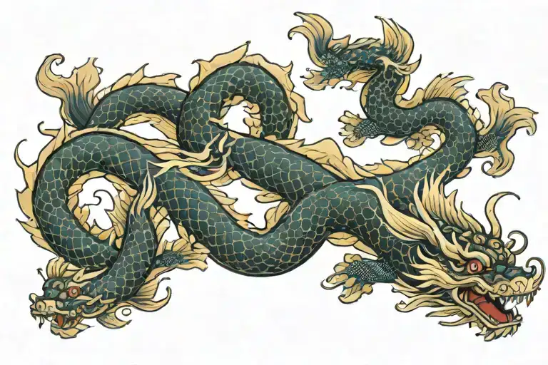 Asian Dragon Tattoo With 4 Koi Fish Swimming Gracefully