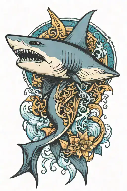 Shark Eating The Jesus Fish Swimming Upstream Surrounded