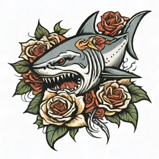 Great White Shark Bitting A Dagger With Roses