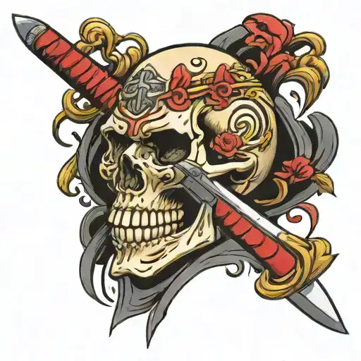 Skull With A Katana Sword Going Through It From The Top