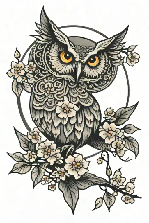 Moon With An Owl And Cherry Blossoms