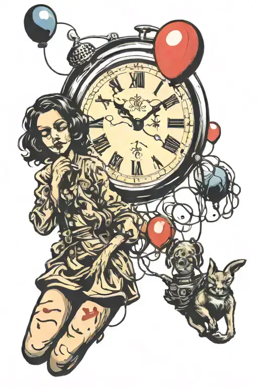 Bansky Girl Holding Balloon Floating And Dali Melting Clock Tattoo